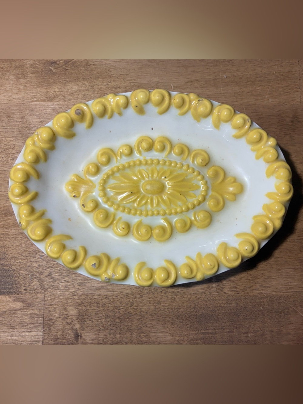 Vintage White Yellow Ceramic Oval Dish PL Mark Raised Relief Floral Decor